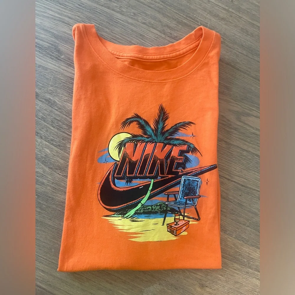 Men’s Nike S/S T-Shirt, Palm Tree & Beach Print 637586-YFB Orange Size XL - Picture 7 of 11